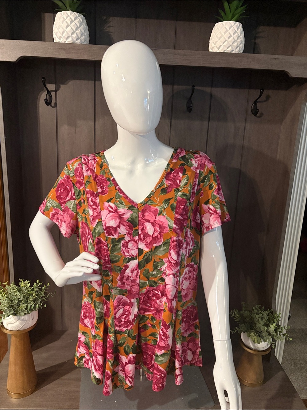 Sami & Jo Pink Floral V-Neck Tunic on Mustard